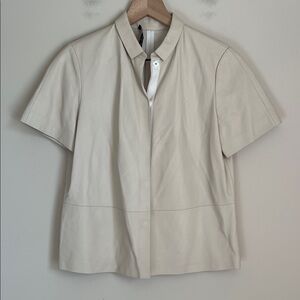 Lafayette 148 New York Lambskin Leather Button Front Collar Top Small Petite